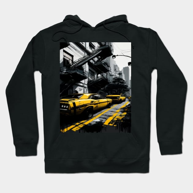 Car tiers print on street black and yellow. Hoodie by Gadeliow